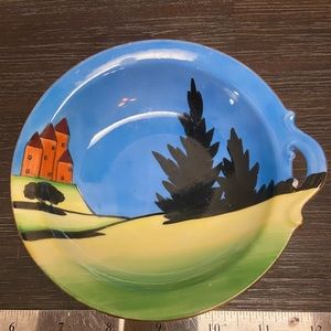 Mento China Hand-painted 6” Blue Shallow Bowl Trees and Castle